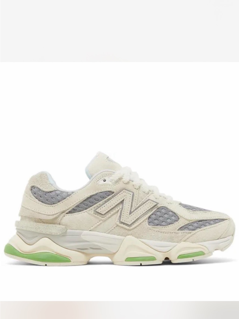 New Balance Women’s Cream, Gray and Green Accent Sneakers. Bricks and Wood 9060
